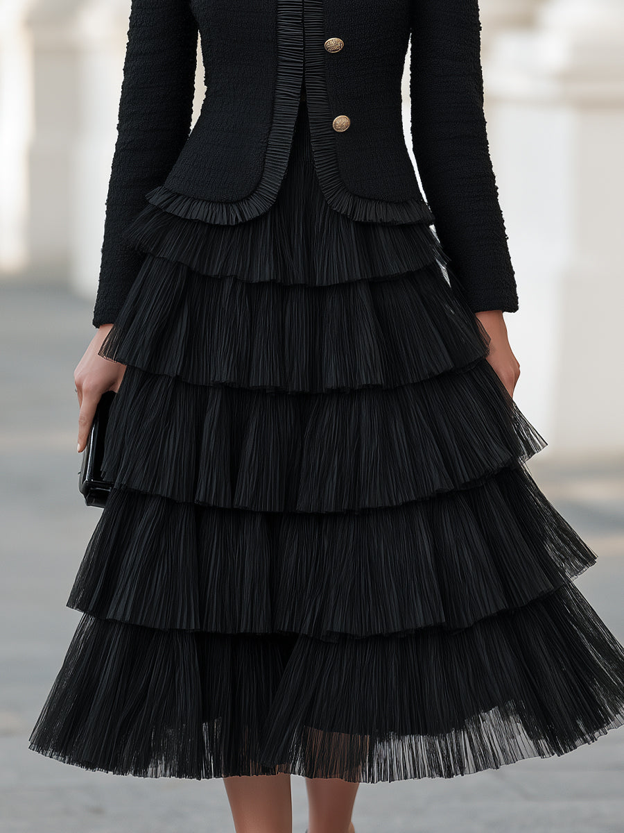 Textured Jacket And Tiered Pleated Midi Skirt Set