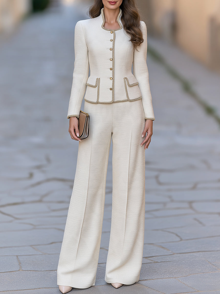 Ivory Gold Trim Tweed Jacket And Wide Leg Pants Set