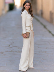 Ivory Gold Trim Tweed Jacket And Wide Leg Pants Set