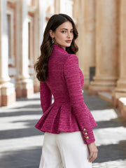 Elegant Pleated Peplum Hem Textured Tweed Fitted Blazer