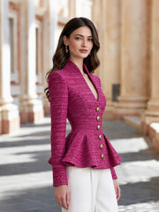Elegant Pleated Peplum Hem Textured Tweed Fitted Blazer