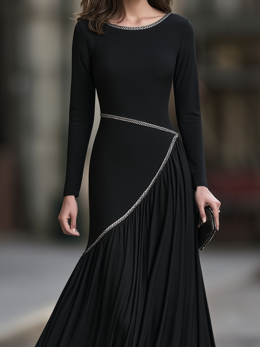 Decorative Ribbon Trim Asymmetric Pleated Maxi Dress