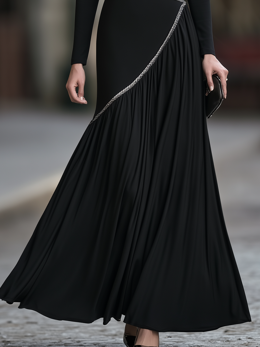 Decorative Ribbon Trim Asymmetric Pleated Maxi Dress