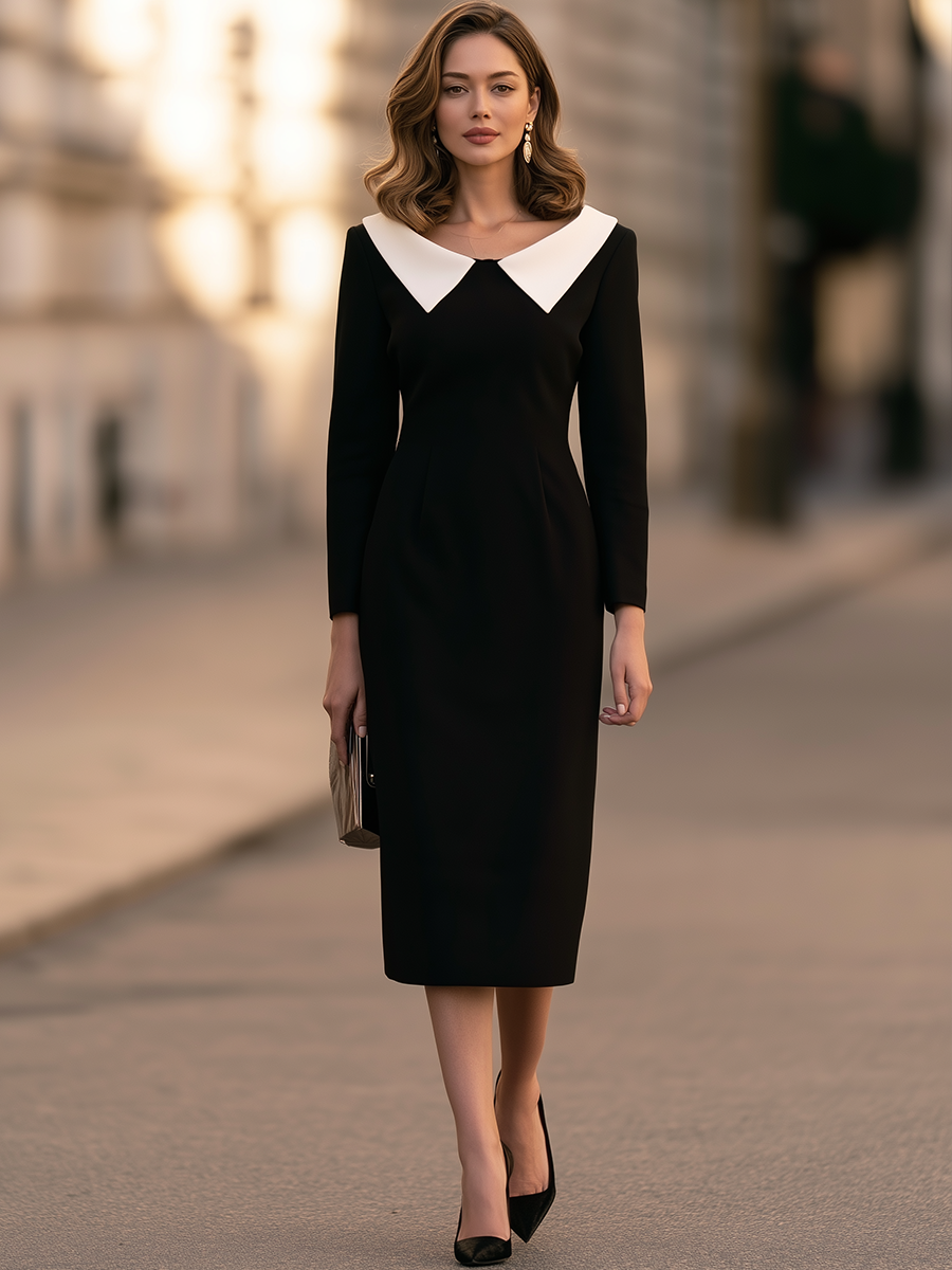 Contrast Pointed Collar Sheath Midi Dress