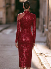 High-Neck Asymmetrical Sheer Mesh Sequin Midi Dress