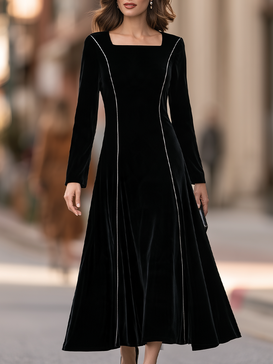 Square Neck Velvet Contrast Trim Maxi Dress