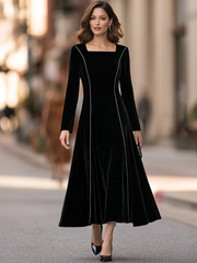 Square Neck Velvet Contrast Trim Maxi Dress