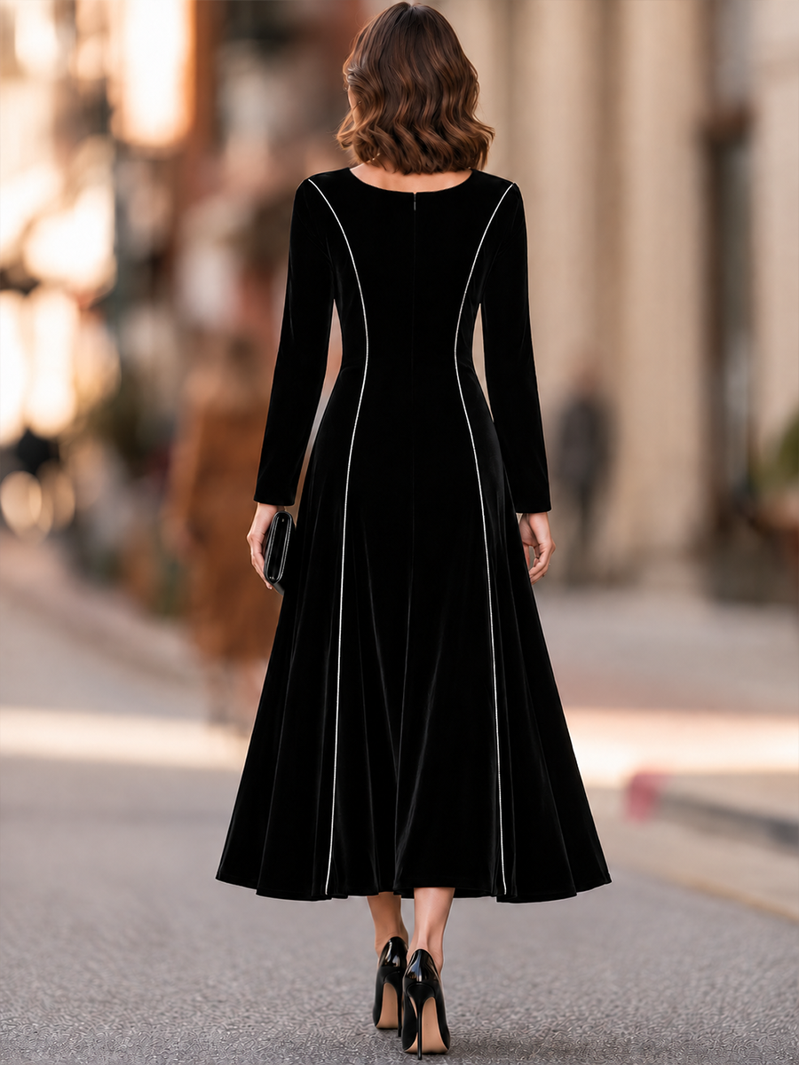 Square Neck Velvet Contrast Trim Maxi Dress