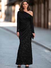 Asymmetric Draped Sequin Maxi Dress