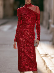 High-Neck Asymmetrical Sheer Mesh Sequin Midi Dress