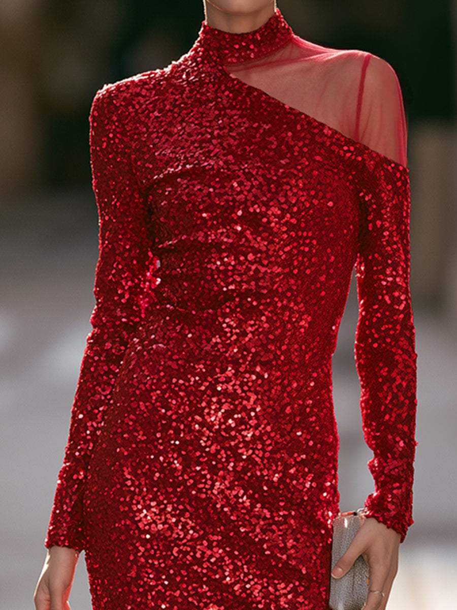 High-Neck Asymmetrical Sheer Mesh Sequin Midi Dress