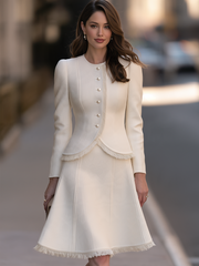 Pearl Button Fringe Trim Jacket And Skirt Set