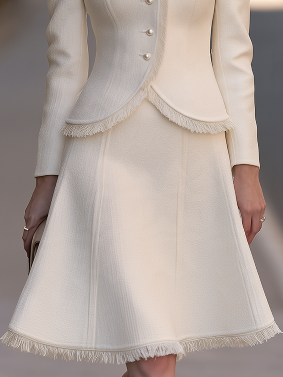 Pearl Button Fringe Trim Jacket And Skirt Set