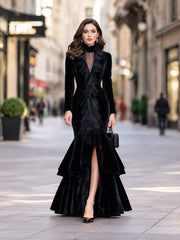Ruffle-Front Velvet Mermaid Maxi Dress With Sheer Lace Yoke