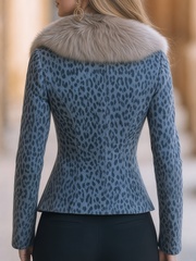 Blue Grey Leopard Print Faux Fur Collar Zip Jacket
