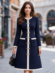 Contrast Trim Toggle Button Textured A-Line Midi Dress