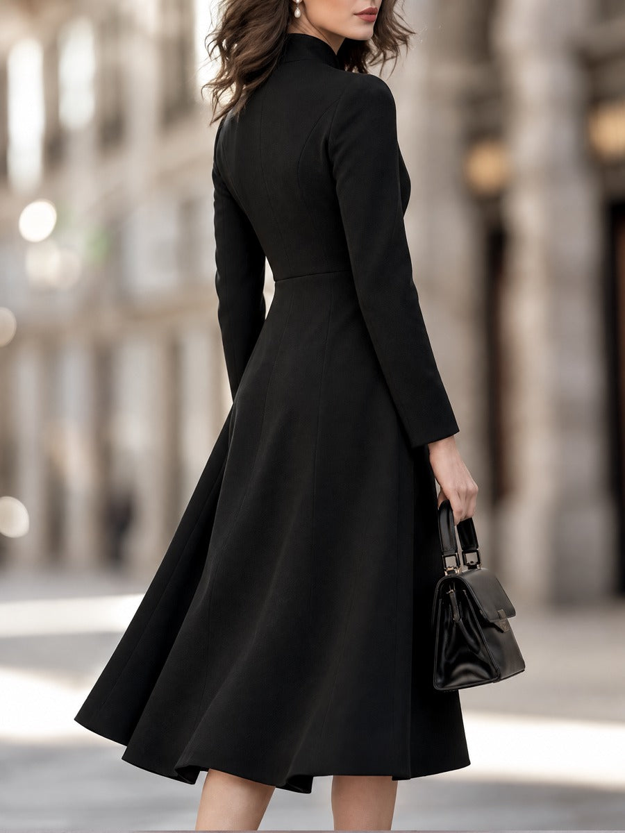Mandarin Collar Frog-Closure Fit-and-Flare Midi Dress With Satin Panel