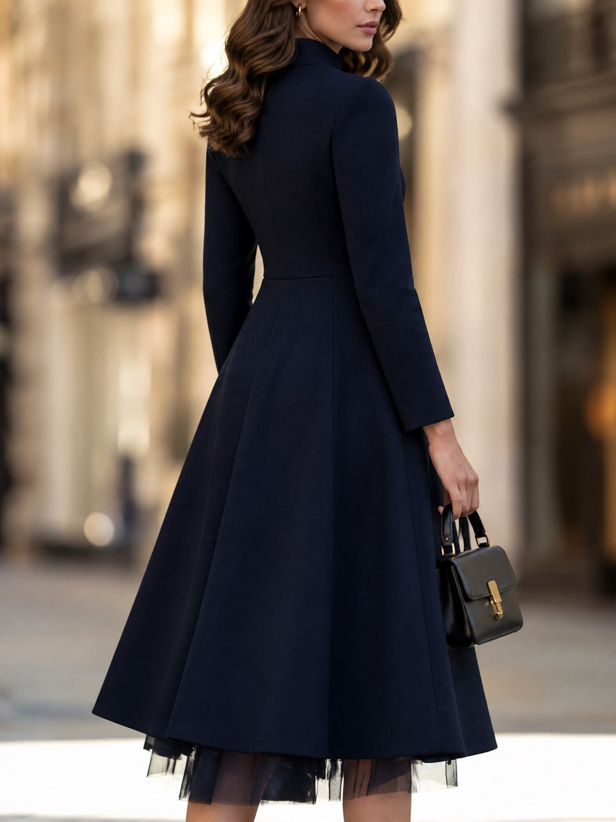 Stand-Collar Faux Two-Piece Fit-and-Flare Midi Dress