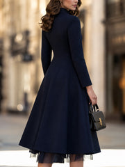 Stand-Collar Faux Two-Piece Fit-and-Flare Midi Dress