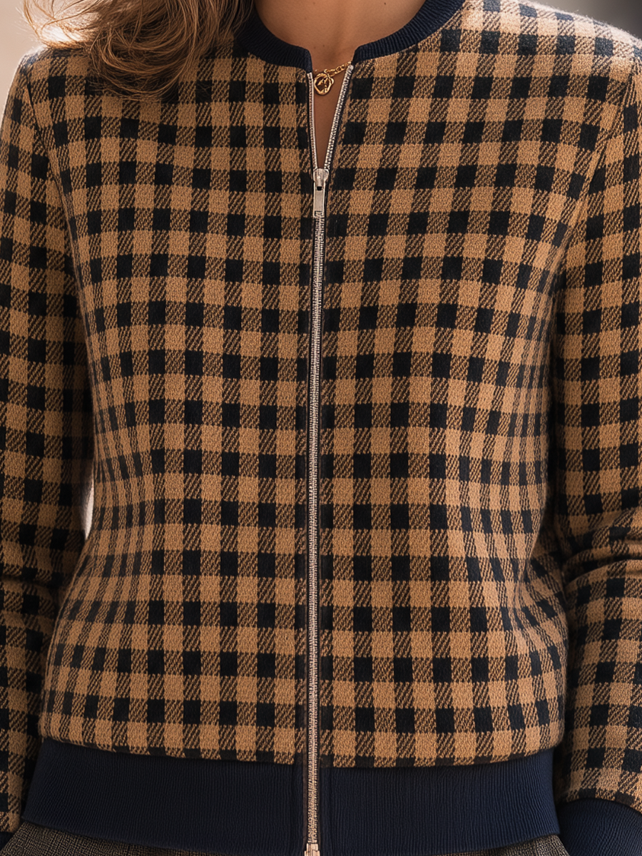 Gingham Check Zip-Up Cropped Jacket