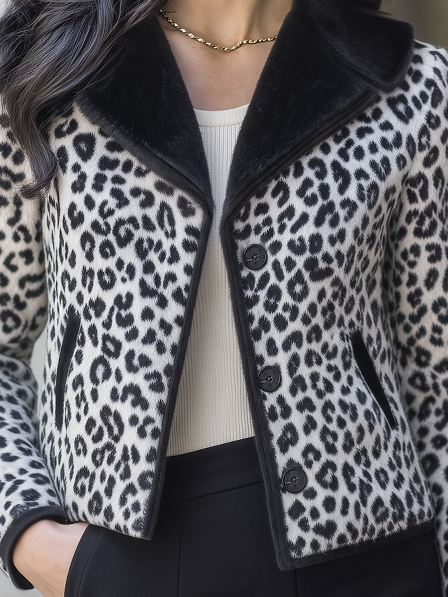 Monochrome Leopard Print Faux Fur Collar Cropped Jacket