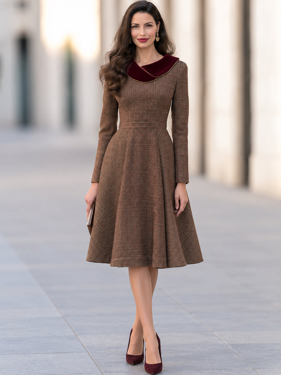 Burgundy Velvet Collar Plaid Wool Blend A-Line Midi Dress