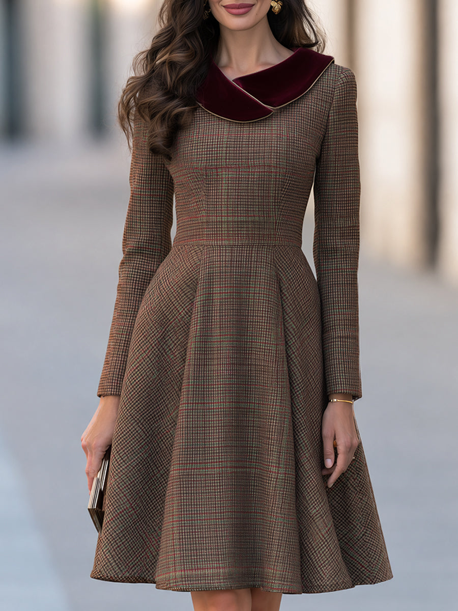 Burgundy Velvet Collar Plaid Wool Blend A-Line Midi Dress