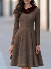 Burgundy Velvet Collar Plaid Wool Blend A-Line Midi Dress