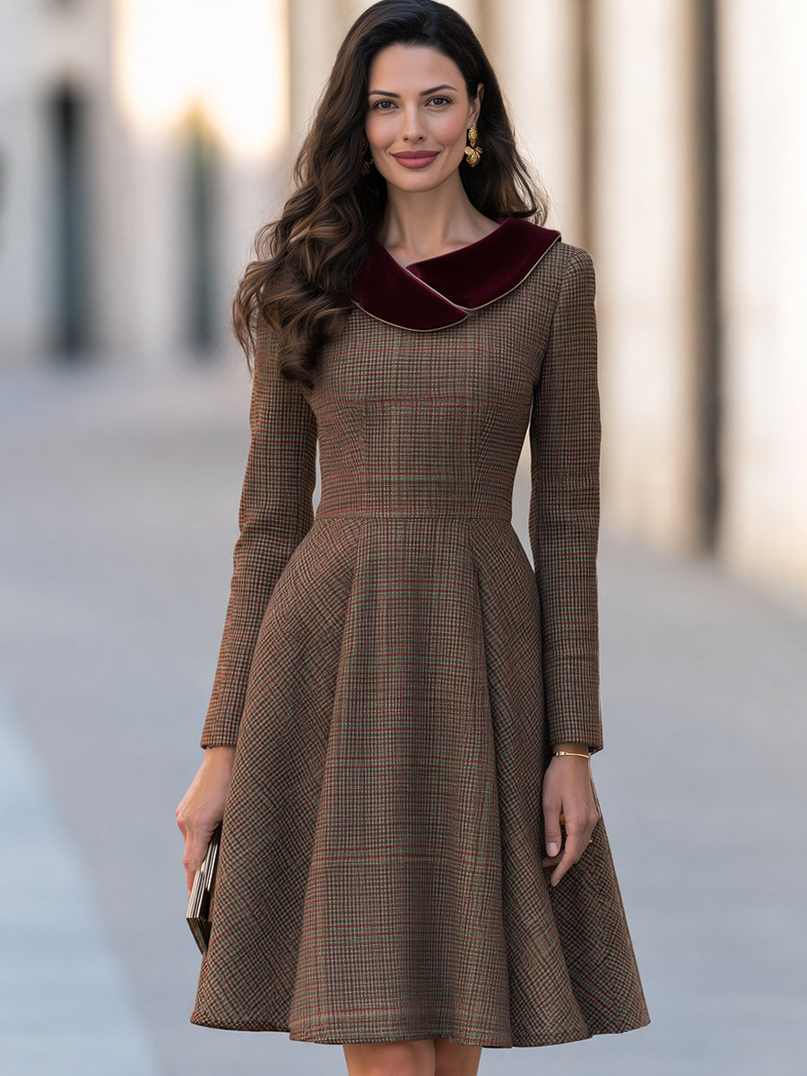 Burgundy Velvet Collar Plaid Wool Blend A-Line Midi Dress