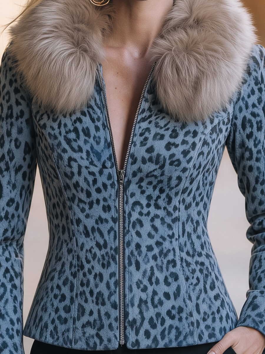 Blue Grey Leopard Print Faux Fur Collar Zip Jacket