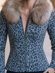 Blue Grey Leopard Print Faux Fur Collar Zip Jacket