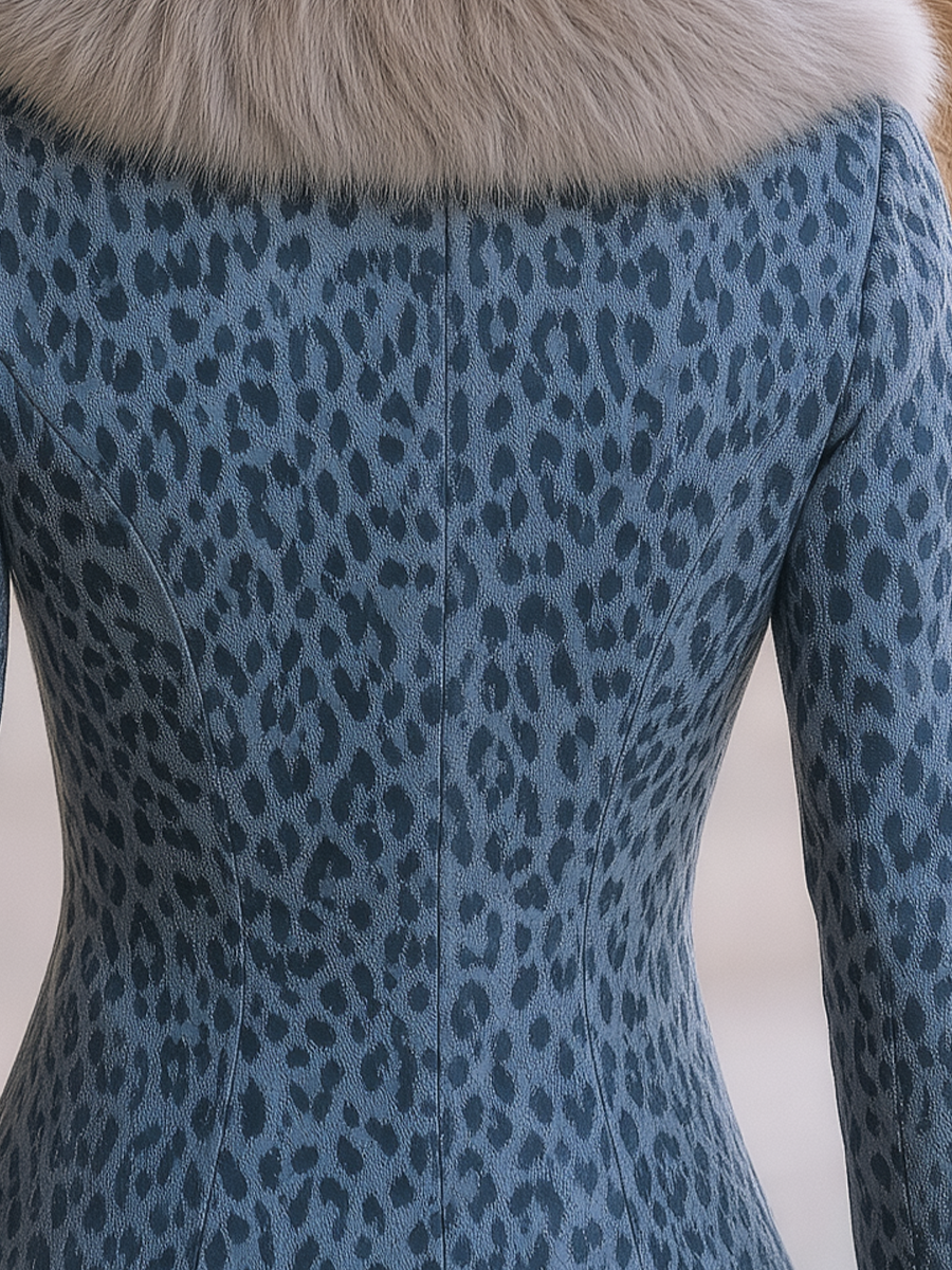 Blue Grey Leopard Print Faux Fur Collar Zip Jacket