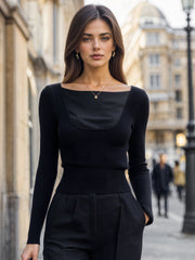 Scoop Neck Contrast Panel Ribbed Knit Sweater