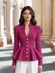 Elegant Pleated Peplum Hem Textured Tweed Fitted Blazer
