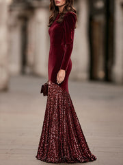 Velvet And Sequin Mermaid Maxi Dress With Puff Shoulders