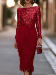 Long-Sleeve Sequin Bodice Faux Fur Midi Party Dress