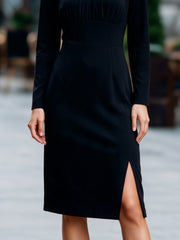 Sheer Yoke Ruched Waist Midi Sheath Dress