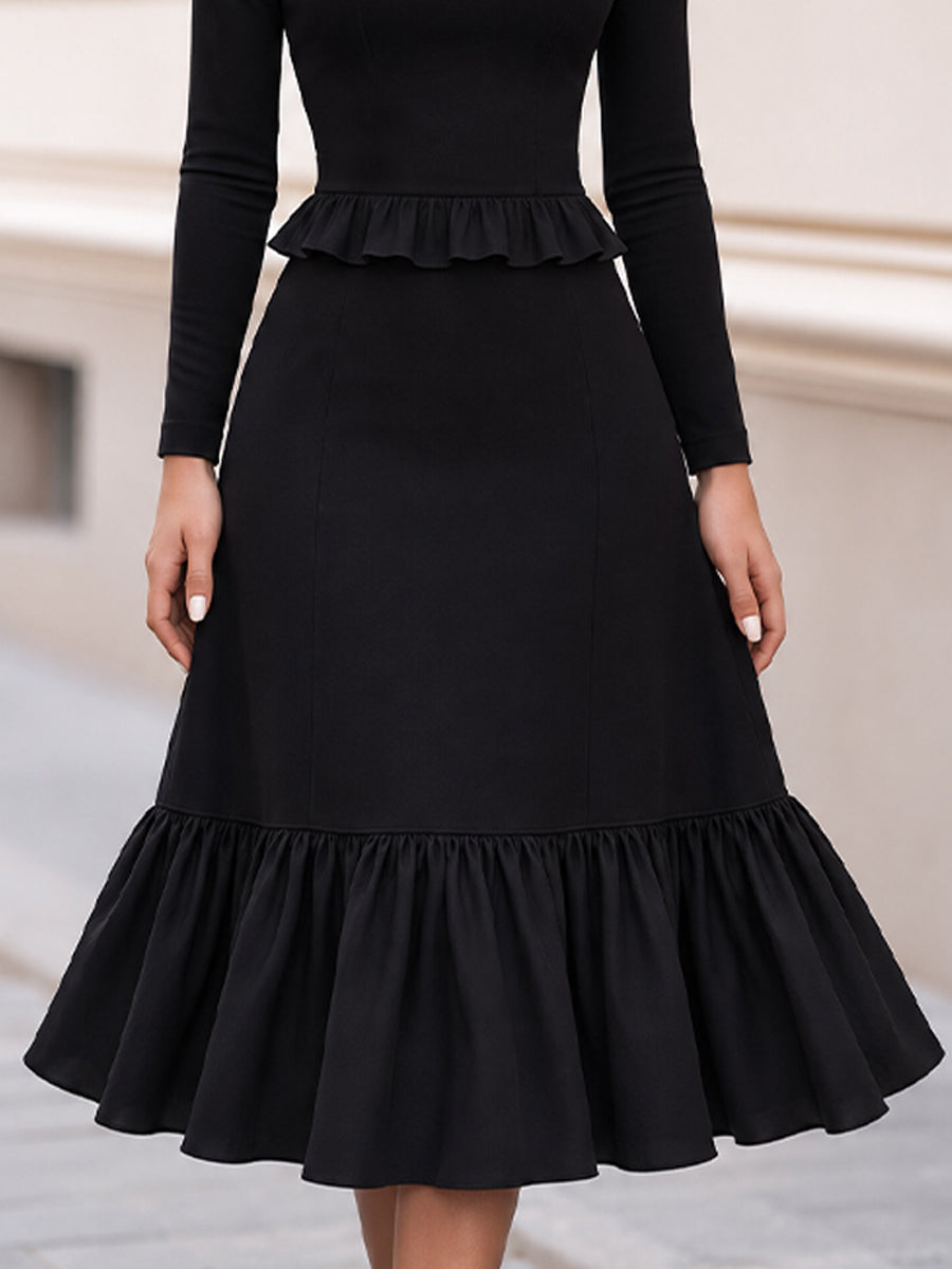 Boat Neck Long Sleeve Peplum Ruffle Midi Dress