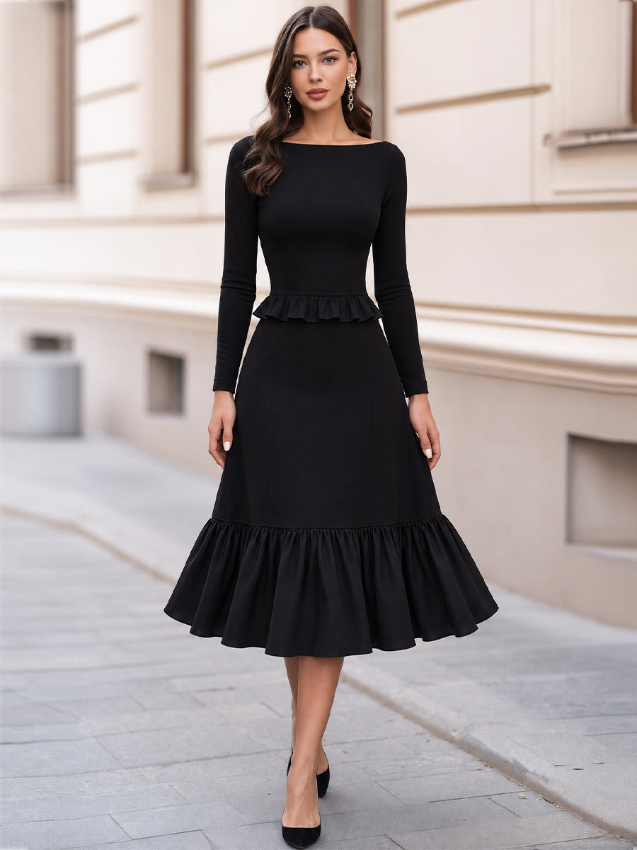 Boat Neck Long Sleeve Peplum Ruffle Midi Dress