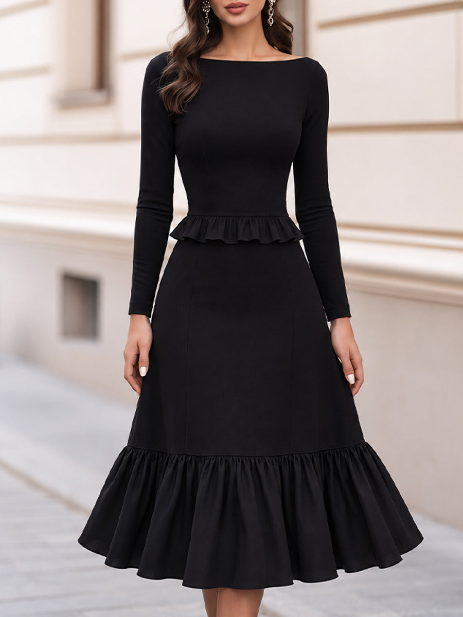 Boat Neck Long Sleeve Peplum Ruffle Midi Dress