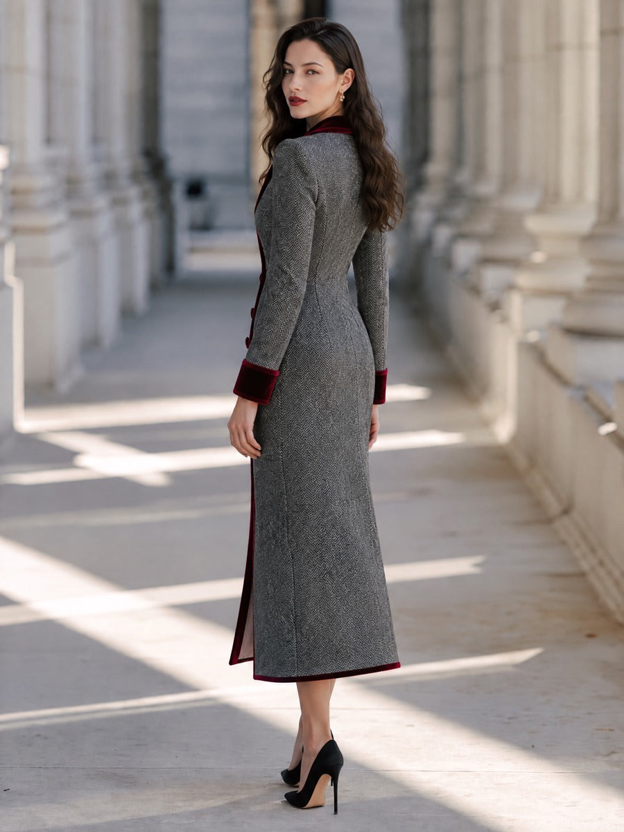 Elegant Velvet Notched Collar Herringbone Midi Coat Dress