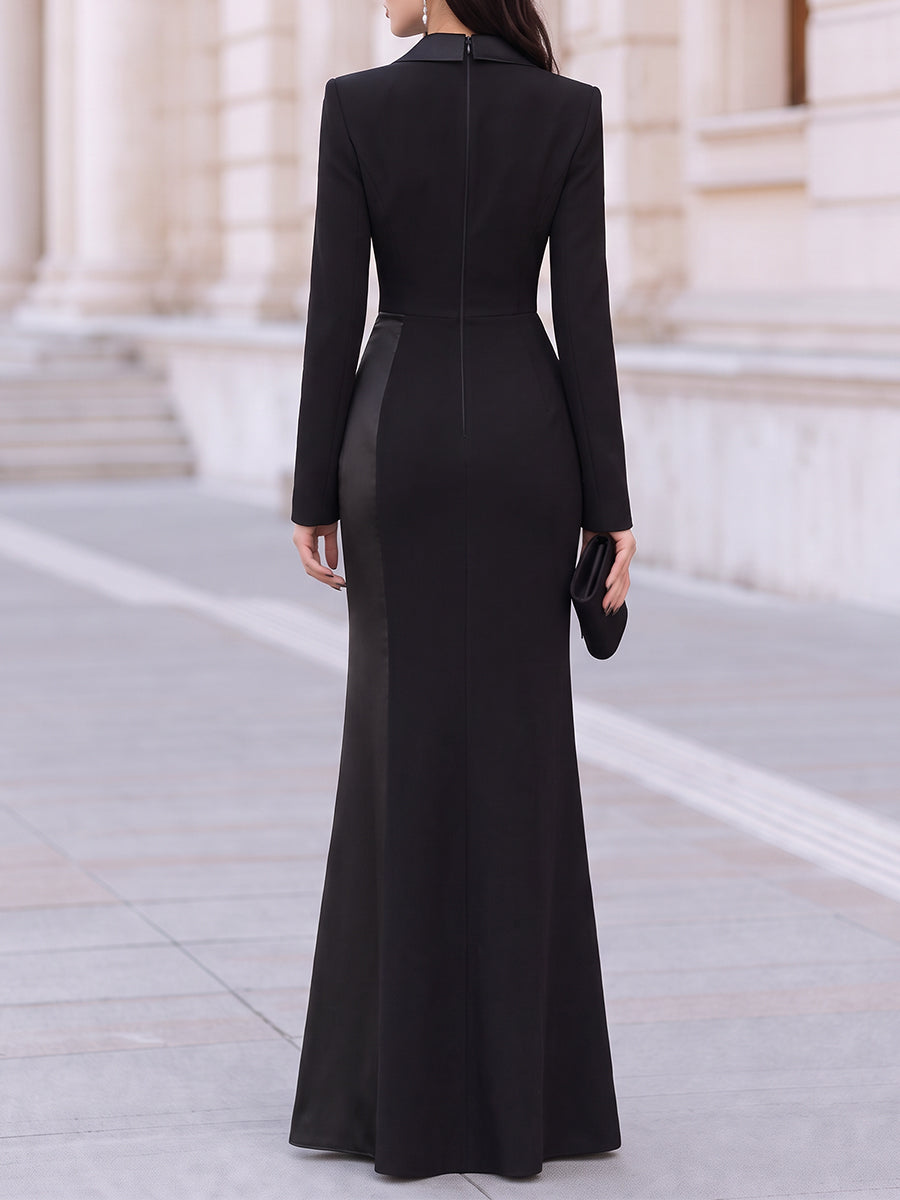Satin Lapel & Satin‑Panel Blazer Maxi Gown