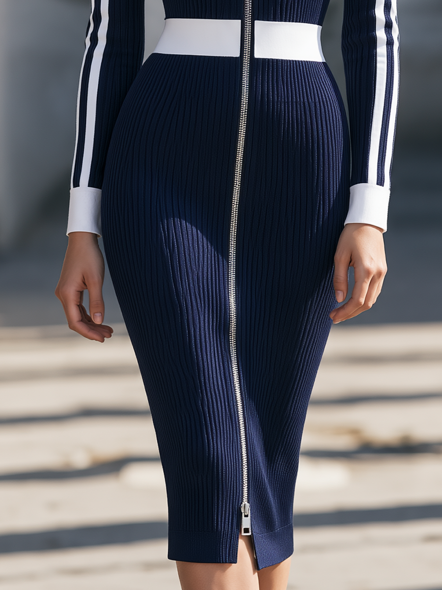 Elegant Contrast Collar Ribbed Knit Zip-Front Midi Dress