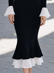 Elegant Flared Cuffs And Ruffle Hem Ribbed Midi Dress