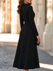 Button Keyhole Neckline Fit-and-Flare Midi Dress