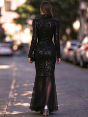 High-Neck Long-Sleeve Sequin Bodice Spliced Chiffon Maxi Dress
