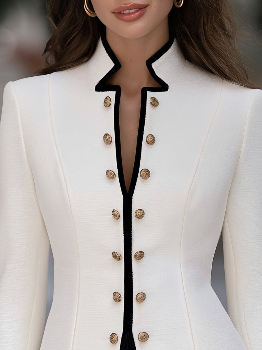 Decorative Buttons Tailored Stand Collar Contrast Trim Blazer