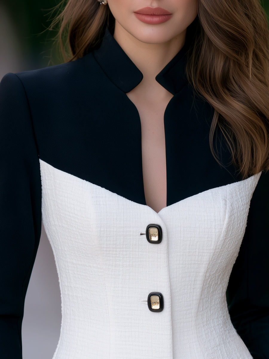 Stand Collar Contrast Panel Sculpted Blazer