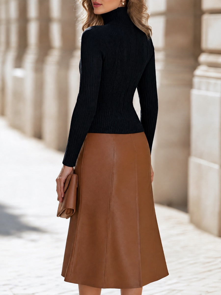 Cable-Knit Zip-Up Cardigan And Faux Leather Midi Skirt Set