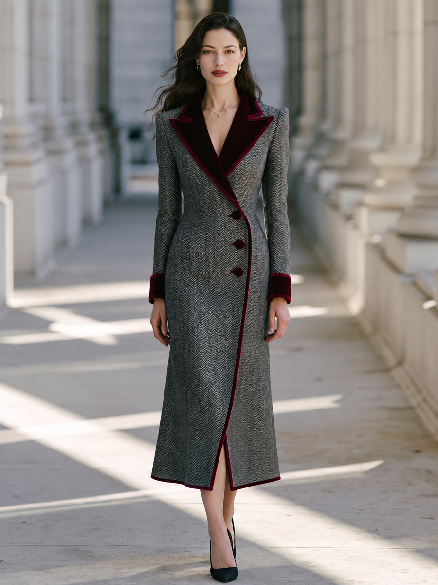 Elegant Velvet Notched Collar Herringbone Midi Coat Dress